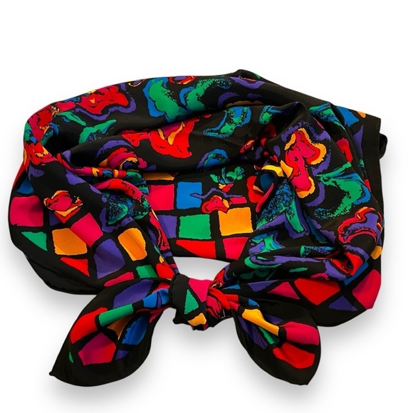 Vintage 80s Silk Scarf Large Square Dark Floral Diamond Border Jewel Tones - Picture 4 of 6